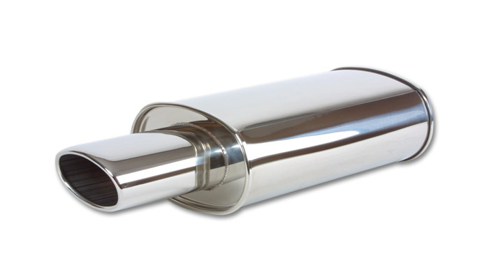 Muffler with tip, STREETPOWER series, 304 Stainless Steel, Mirror Polished, 2.50 in. Inlet, 4.50 in. x 3.00 in. Oval Outlet, angle cut tip, 5.00 in. x