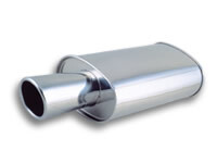 Muffler with tip, STREETPOWER series, 304 Stainless Steel, Mirror Polished, 3.00 in. Inlet, 4.00 in. Round Outlet, angle cut tip, 5.00 in. x 9.00 in.