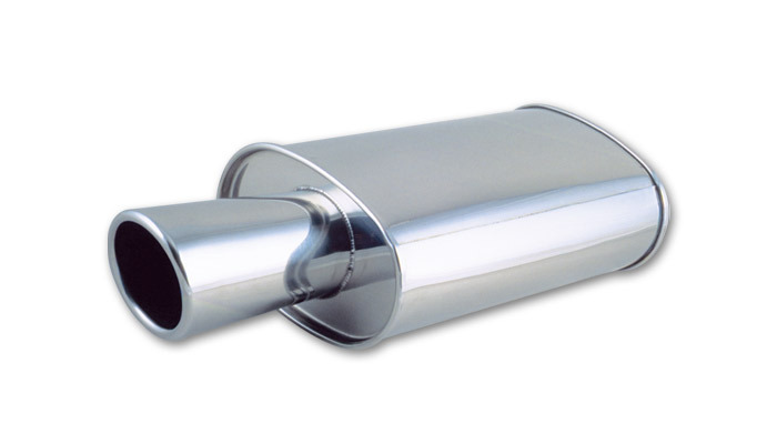 Muffler with tip, STREETPOWER series, 304 Stainless Steel, Mirror Polished, 2.50 in. Inlet, 4.00 in. Round Outlet, angle cut tip, 5.00 in. x 9.00 in.