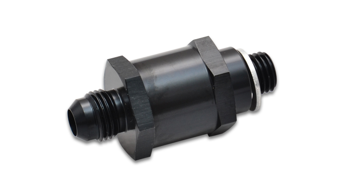 Fuel Pump Check Valve, Male 12mm x 1.5 to Male -6AN Male, Aluminum, Black Anodized, includes Crush Washer, Each
