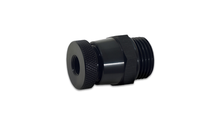 Adapter, Oil Drain Plug, Oil Drain Valve, Male -6 AN Straight Cut with O-Ring, with Female 1/8 in. NPT Drain Port, Aluminum, Black Andoized, Each