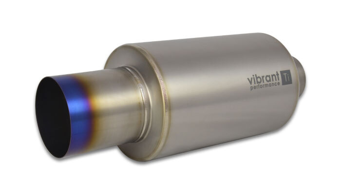 Muffler w/ tip, Universal, Titanium, 3.00 in. Inlet, 4.00 in. Outlet, Single Wall Straight Cut Tip w/ Blue Heat Treated Finish, 6.25 in. diameter Roun