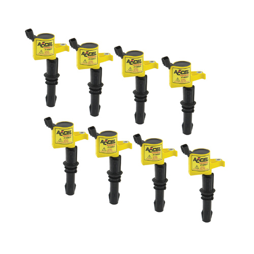 ACCEL Ignition Coil, 2004-2008 For Ford 4.6L/5.4L/6.8L 3-Valve Engines, Yellow, Set of 8