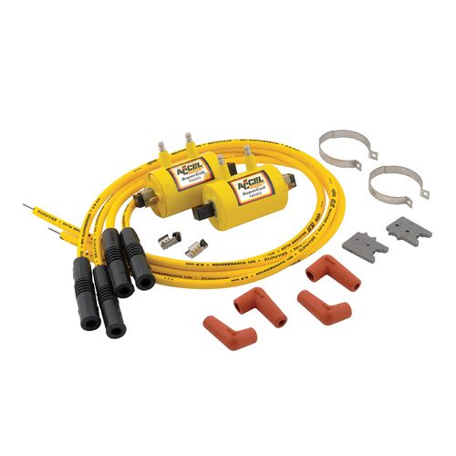 ACCEL Ignition Coil Kit, Motorcycle, Yellow, 3.0 Ohms Resistance, Inductive Ignition, 4-Cylinder, Coils, Wires, Kit