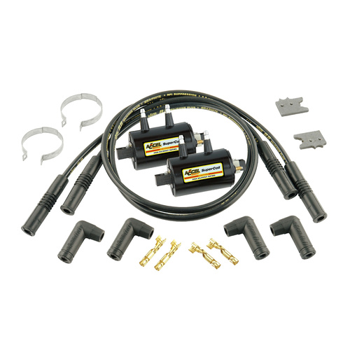 ACCEL Ignition Coil Kit, Motorcycle, Black, 3.0 Ohms Resistance, Inductive Ignition, 4-Cylinder, Coils, Wires, Kit