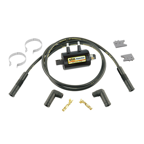 ACCEL Ignition Coil Kit, Motorcycle, Black, 3.0 Ohms Resistance, Inductive Ignition, 4-Cylinder, Coils, Wires, Kit
