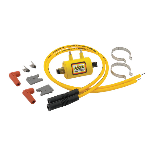ACCEL Ignition Coil Kit, Motorcycle, Yellow, 0.7 Ohms Resistance, CD Ignition, 2-Cylinder, Coil, Wires, Kit