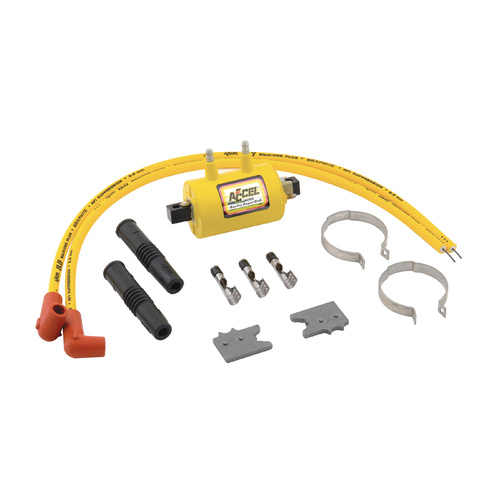 ACCEL Ignition Coil, Round, Female/Socket, 3.0 ohms, Yellow, Coil Wire, Mounting Bracket, Harley-Davidson, Kit