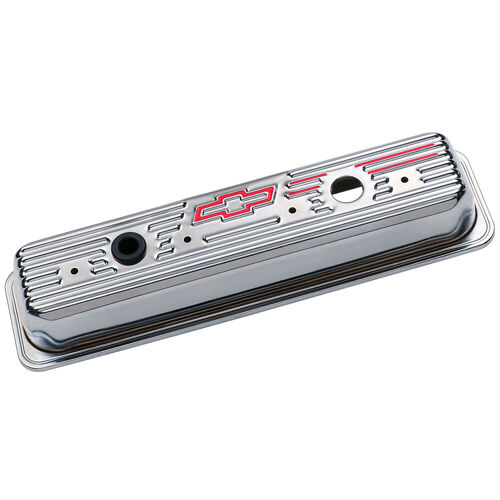 AC Delco, Chevrolet Valve Covers Chrome; Ribbed w/Bowtie, Chrome; Center Bolt; Embossed Bowtie/Emblems; Tall