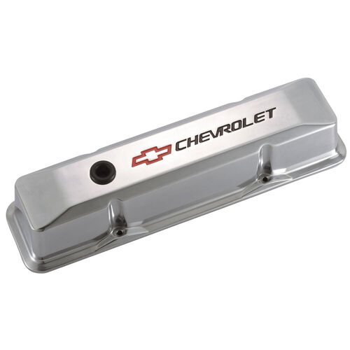 Chevrolet Valve Covers Bowtie/Chevrolet Design, Polished; Tall, Perimeter Bolt; Red/Black Emblems