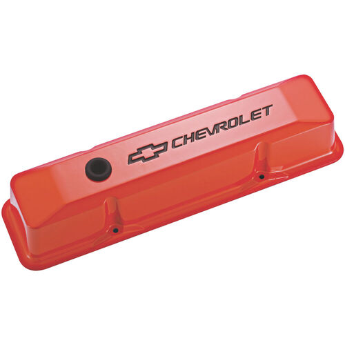 AC Delco, Chevrolet Valve Covers Bowtie/Chevrolet Emblem, Chevy Orange; Tall, Perimeter Bolt; Recessed Emblems