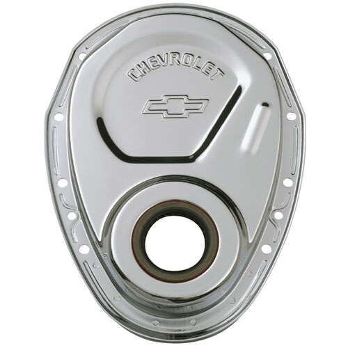 Chevy Timing Chain Cover Chevrolet & Bowtie Logos, Chrome; Embossed Emblem Design; Oil Seal Included