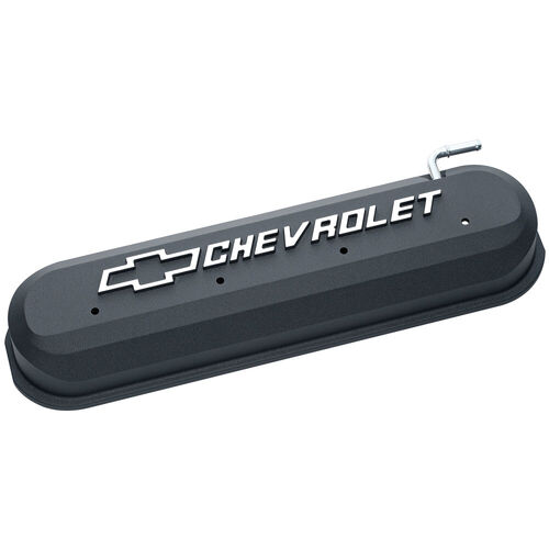 Chevrolet LS Slant-Edge Valve Covers, Black Crinkle; Center Bolt; Raised Bowtie & Lettering