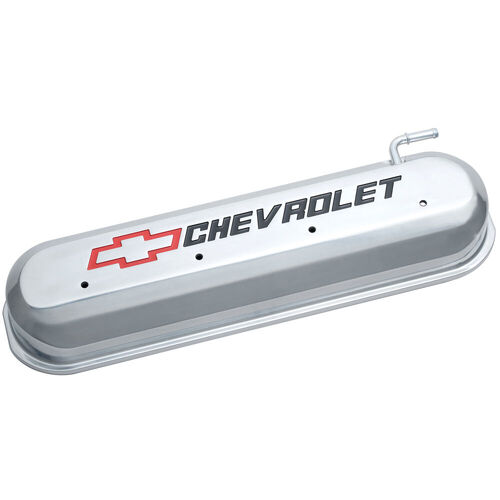 AC Delco, LS Slant-Edge Valve Cover Chevrolet Valve Covers, Polished; Center Bolt; Red/Black Bowtie & Lettering