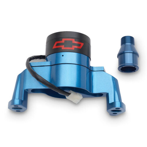 AC Delco, Blue Chevy Small Block Electric Water Pump w/ Bowtie, Blue Finish, Black Cap; Aluminum; Red Bowtie Emblem