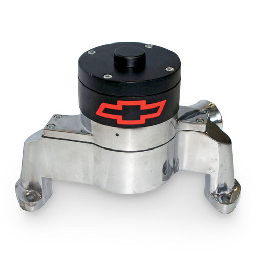 AC Delco, Polished Chevy Small Block Electric Water Pump w/ Bowtie, Polished Finish, Black Cap; Aluminum; Red Bowtie Emblem