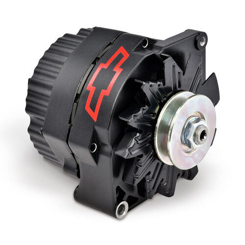 AC Delco, Red Chevy Bowtie Black Crinkle Alternator, 100 AMP, GM 10SI; w/ Internal Regulator, V-Pulley & External Fan