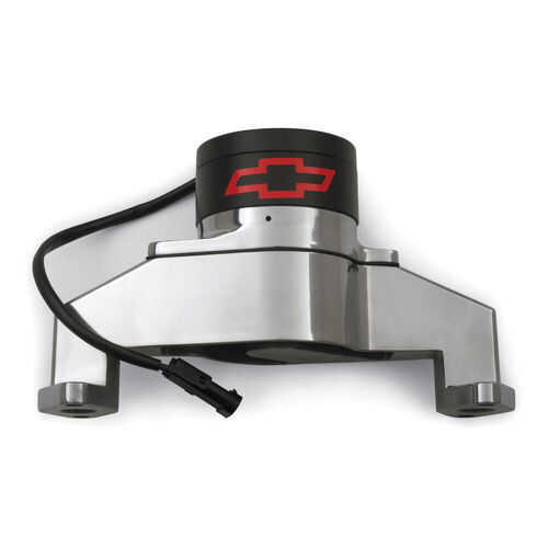 AC Delco, Chrome Chevy Big Block Electric Water Pump w/ Bowtie, Chrome Finish, Black Cap; Aluminum; Red Bowtie Emblem