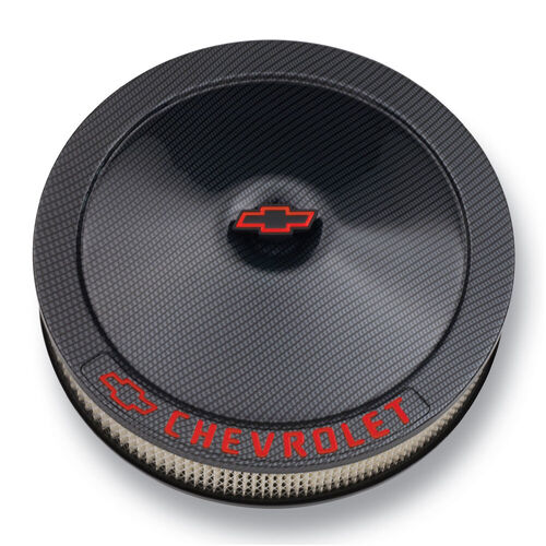 AC Delco, Chevrolet Classic Style Air Cleaner w/ Center Nut, Carbon-Style; Red Painted Bowtie & Chevrolet Emblems