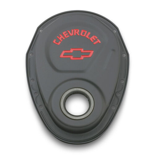 Chevrolet Bowtie Timing Chain Cover, Black Crinkle; Recessed Red Emblems; w/ Oil Seal