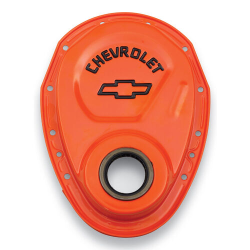 Chevy Timing Chain Cover Chevrolet & Bowtie Logos, Chevy Orange; Recessed Black Emblems; w/ Oil Seal