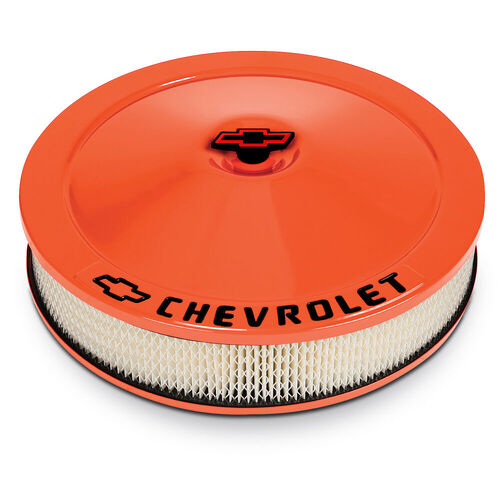 AC Delco, Chevrolet Classic Style Air Cleaner w/ Center Nut, Chevy Orange; Black Painted Bowtie & Chevrolet Emblems