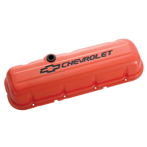 Big Block Valve Cover Chevy Orange; Stock Height, Chevy Orange; Short, Perimeter Bolt; Recessed Emblems