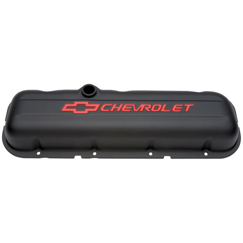 AC Delco Valve Covers, Short, With Baffle, Steel, Black Wrinkle, Red For Chevrolet Logo, For Chevrolet, Big Block, Pair