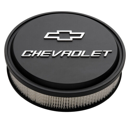 AC Delco Air Cleaners, GM Licensed For Chevrolet Slant-Edge, Round, Dropped Base, Black Crinkle, For Chevrolet Logo Top, 14 in. Diameter, 3 in. Filter