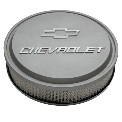 AC Delco Air Cleaners, GM Licensed For Chevrolet Slant-Edge, Round, Dropped Base, Gray Crinkle, For Chevrolet Logo Top, 14 in. Diameter, 3 in. Filter