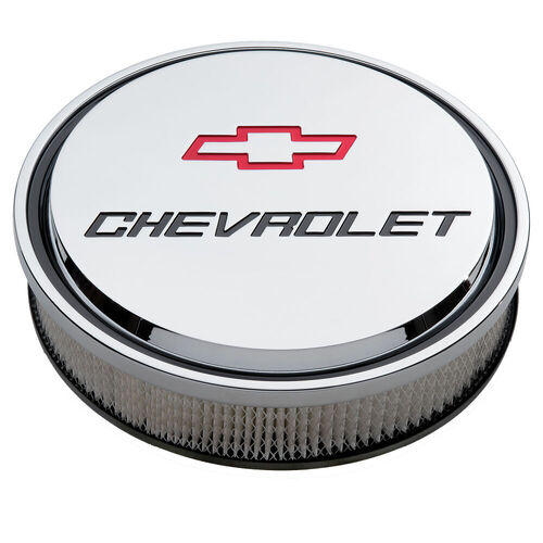 AC Delco Air Cleaners, GM Licensed For Chevrolet Slant-Edge, Round, Dropped Base, Chrome, For Chevrolet Logo Top, 14 in. Diameter, 3 in. Filter Height