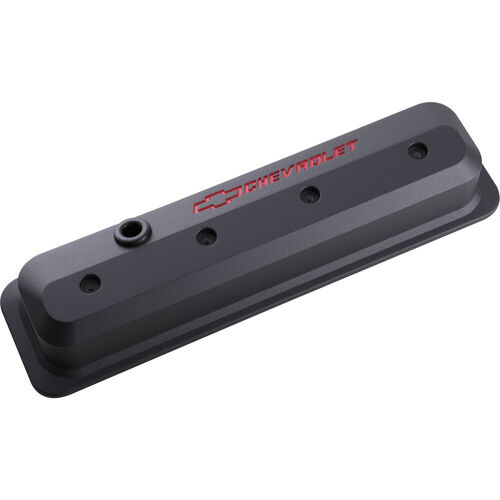 AC Delco, Chevrolet Valve Covers Black Crinkle; Red Logos, Black Crinkle; Center Bolt; Recessed Bowtie & Lettering