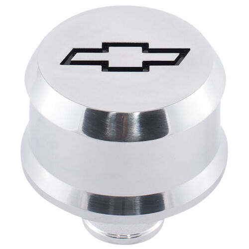 AC Delco, Slant-Edge Aluminum Push-In Air Breather Cap, Polished; Recessed Black Bowtie Emblem