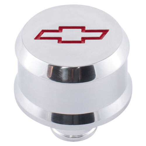 AC Delco, Slant-Edge Aluminum Push-In Air Breather Cap, Polished; Recessed Red Bowtie Emblem