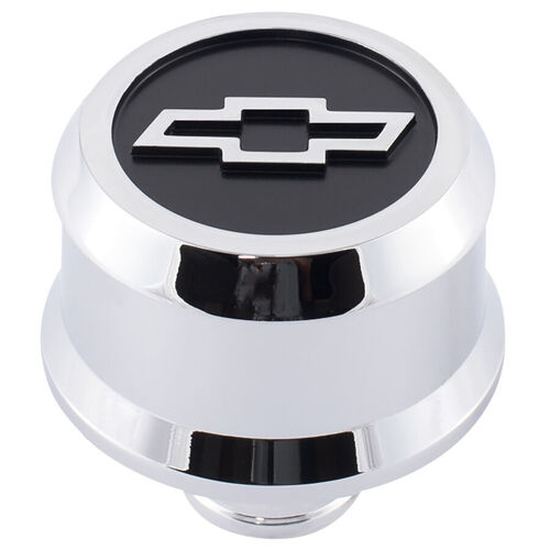 AC Delco, Slant-Edge Aluminum Push-In Air Breather Cap, Chrome; Raised/Recessed Blackfield Bowtie Emblem