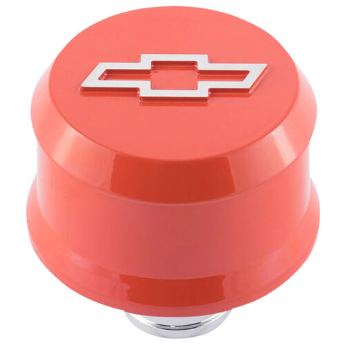 AC Delco, Slant-Edge Aluminum Push-In Air Breather Cap, Chevy Orange; Raised & Machined Bowtie Emblem