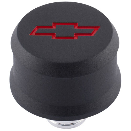 AC Delco, Slant-Edge Aluminum Push-In Air Breather Cap, Black Crinkle; Recessed Red Bowtie Emblem