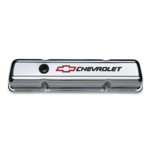 AC Delco, Chevy Valve Covers Bowtie/Chevrolet Design, Chrome; Stock Height, Perimeter Bolt; Recessed Emblems