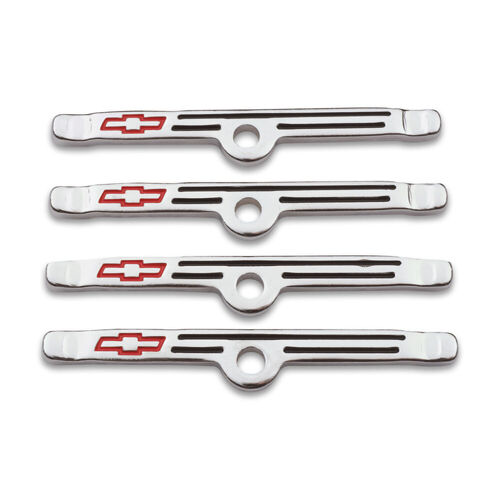 AC Delco, Chevy Performance Bowtie Valve Cover Hold Downs, Chrome; Bowtie Emblems, inlaid red paint; 4 per pack