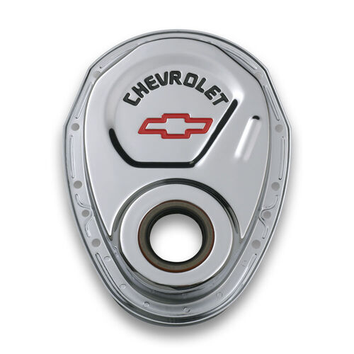 Chevy Timing Chain Cover Chevrolet & Bowtie Logos, Chrome; Recessed Red/Black Emblems; w/ Oil Seal