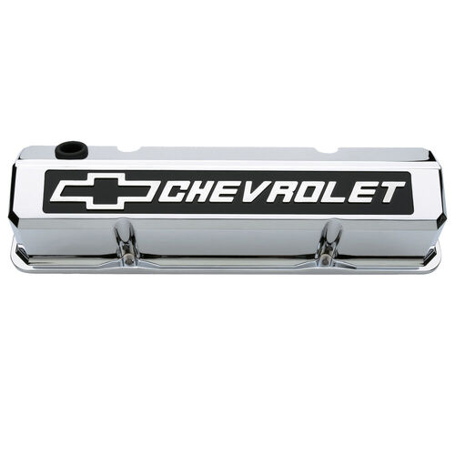 AC Delco, Slant-Edge Valve Covers Chevy/Bowtie Valve Covers, Chrome w/ Blackfield; Tall, Perimeter Bolt; Raised/Milled Emblems