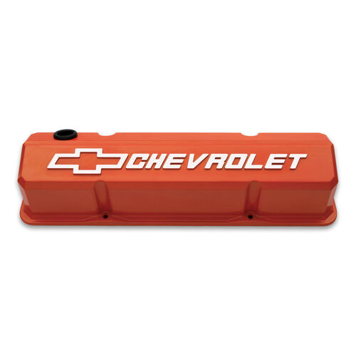 AC Delco, Slant-Edge Valve Covers Chevy/Bowtie Valve Covers, Chevy Orange; Tall, Perimeter Bolt; Raised Emblems