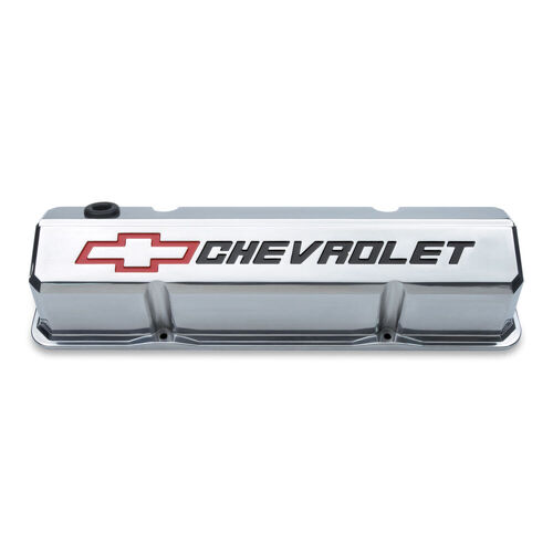 AC Delco, Slant-Edge Valve Covers Chevy/Bowtie Valve Covers, Polished; Tall, Perimeter Bolt; Recessed Emblems