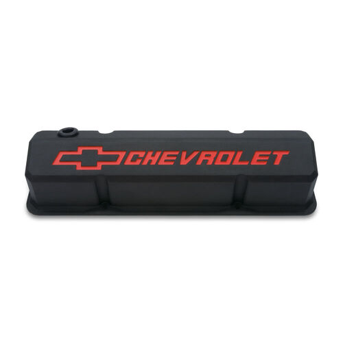 AC Delco, Slant-Edge Valve Covers Chevy/Bowtie Valve Covers, Black Crinkle; Tall, Perimeter Bolt; Recessed Emblems