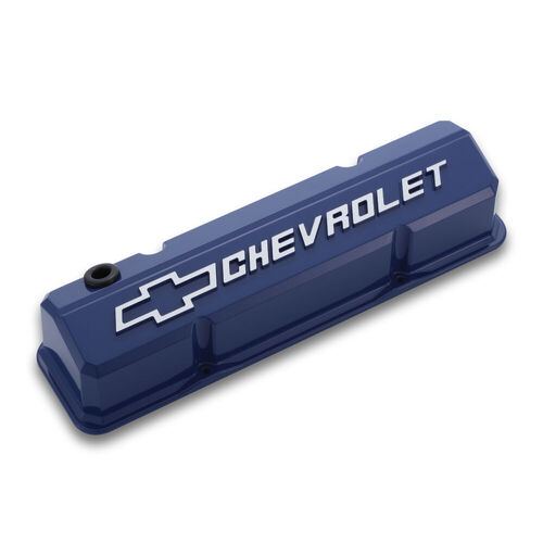 AC Delco Valve Covers, Slant-Edge, Tall, Perimeter Bolt Mounting Style, Blue, Bowtie Emblem, For Chevrolet, Small Block, Pair