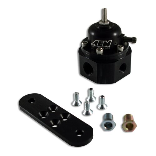 AEM Fuel Pressure Regulator, Inlet: 2 x -6AN (9/16-18) Outlet: -6AN, Gauge Port: 1/8 in. NPT, Black
