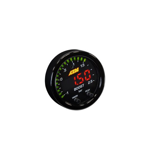 AEM Gauge, X-Series, Digital, Boost Pressure, -30 in. Hg/35 psi, 2 1/16 in, Black/Luminescent Green Face, Electrical, Each