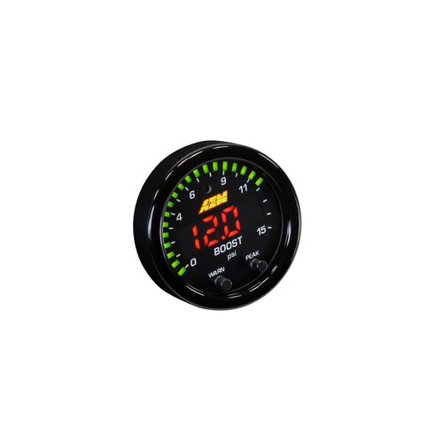 AEM Gauge, X-Series, 0-15 PSI, Black Bezel and Black Boost/Fuel Faceplate