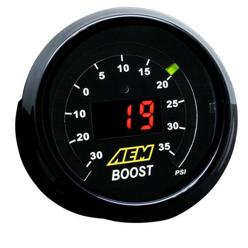 AEM Boost Gauge, Black and Silver Bezel, Black and White Faceplate