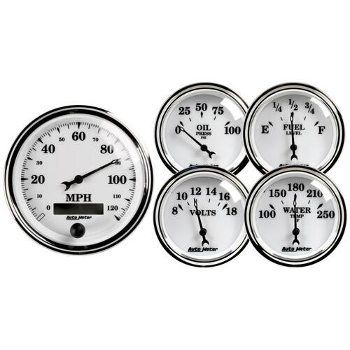 Autometer Gauge Kit, 5 Pc., 3 3/8" & 2 1/16", Elec. Speedometer, Old Tyme White Ii, Old-Tyme White I